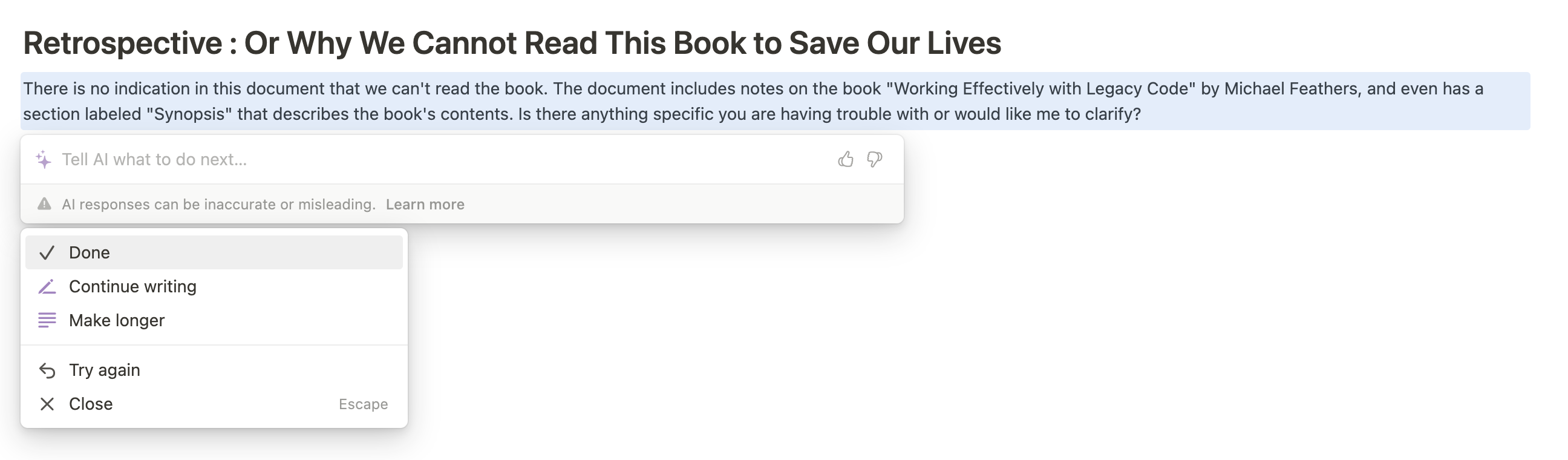 A screenshot of Notion AI writing "Why We Cannot Read This Book to Save Our Lives"