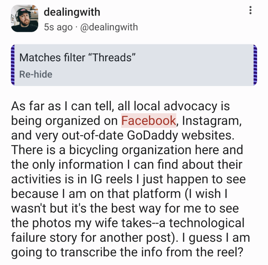 A screenshot of Mastodon showing my open post filtered because of the mention of Facebook.