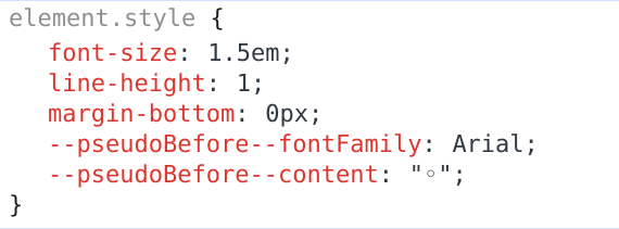 A screenshot of the CSS applied to a list item component in what I assume is a React web application