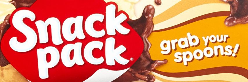 An image of "Snack pack" pudding with the tagline "grab your spoons!"