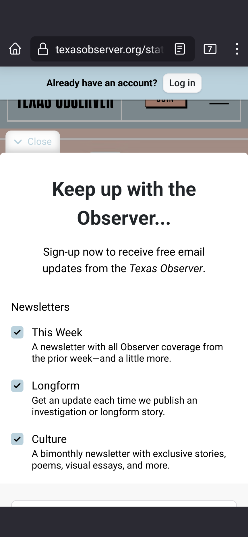 Screenshot of Texas Observer website almost completely obscured by pop up modals 
