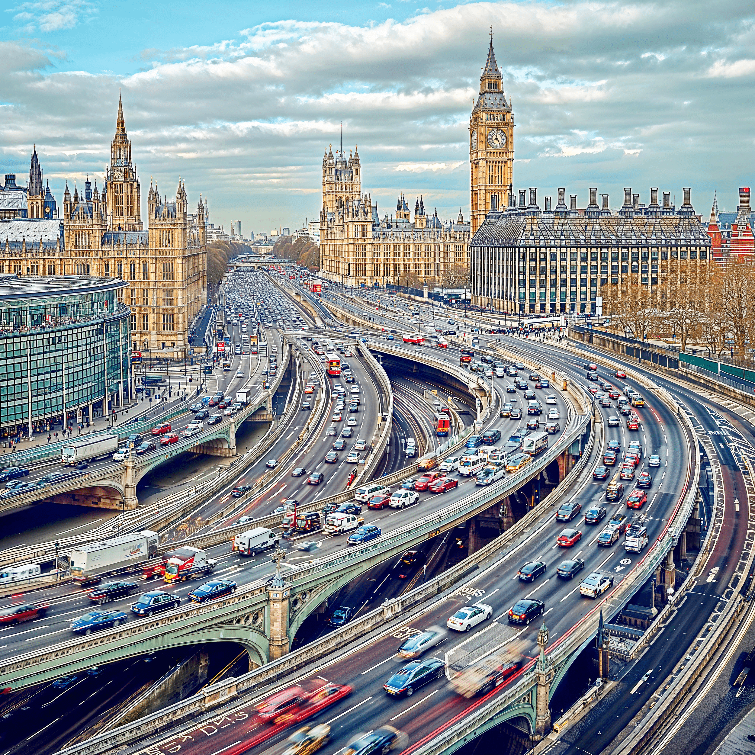 An image depicting London, with Big Ben in the background, and a massive multi-lane, multi-level highway cutting through the center. From the art show "The Motorist Won" by Kyle Branchesi
