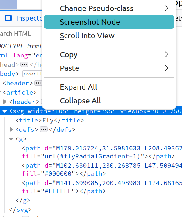 screenshot of a context menu in Firefox devtools with "Screenshot Node" highlighted in the context menu, and an svg tag selected in the elements/inspector tab