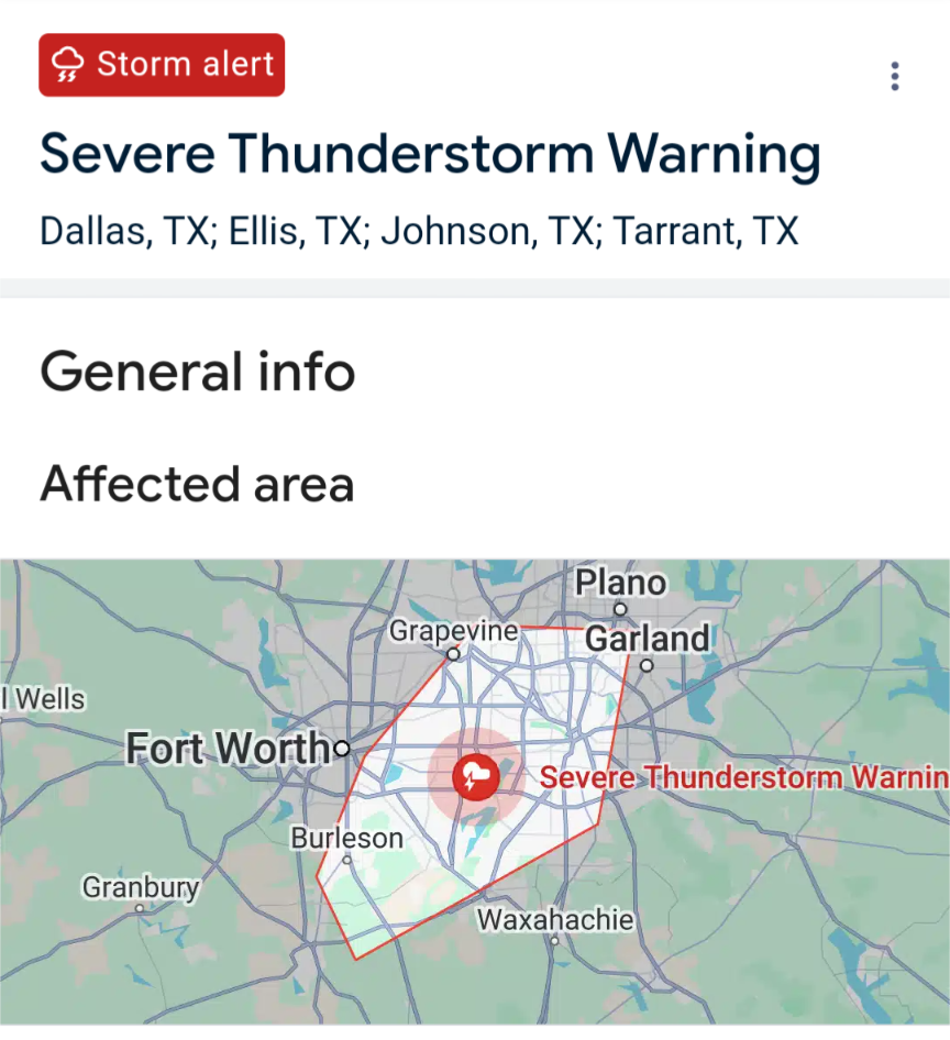 Screenshot of a severe thunderstorm warning 