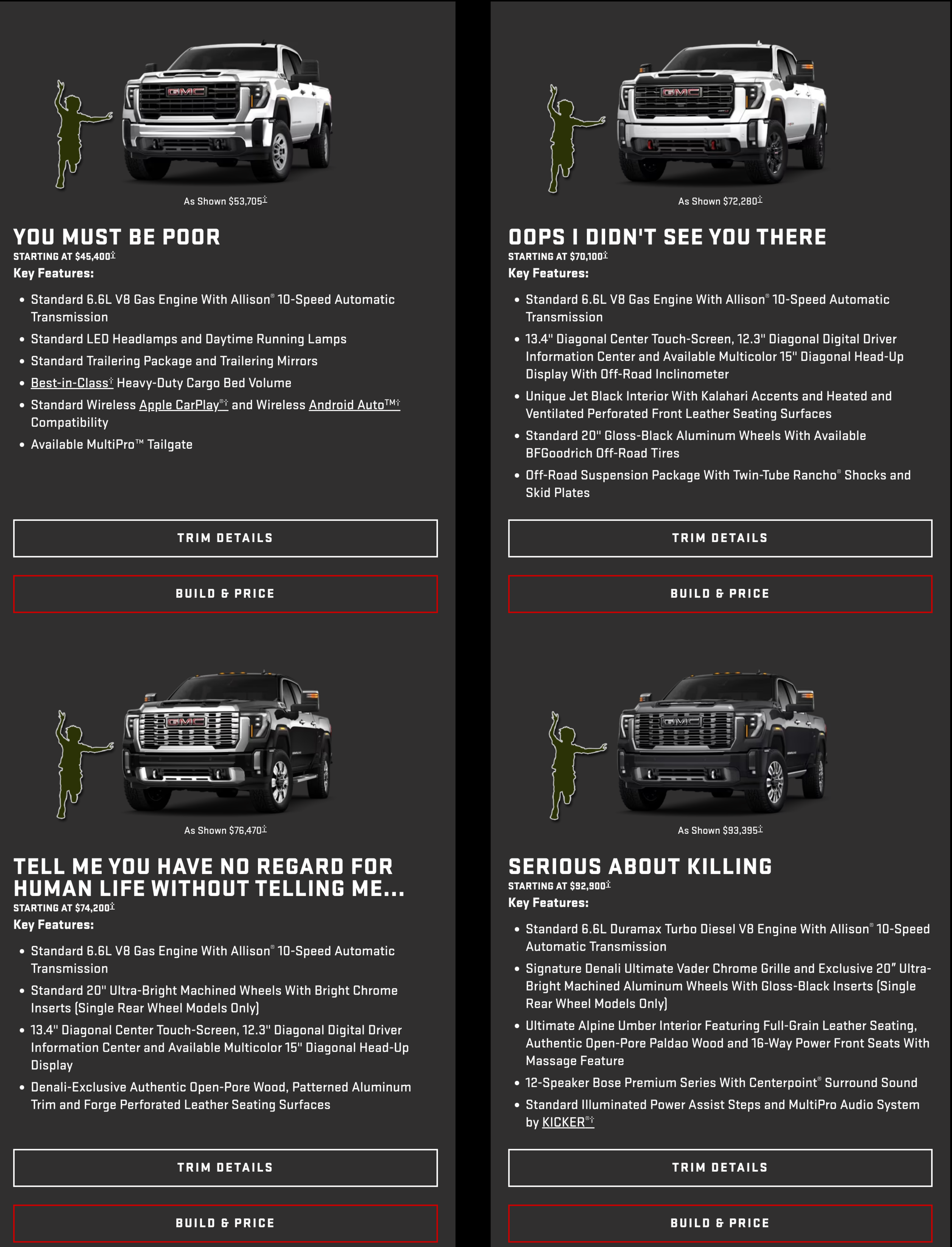 A screenshot of a website for GMC trucks. Model names are: "You must be poor", "Oops I didn't see you there", "Tell me you have no regard for human life without telling me...", and "Serious about killing"