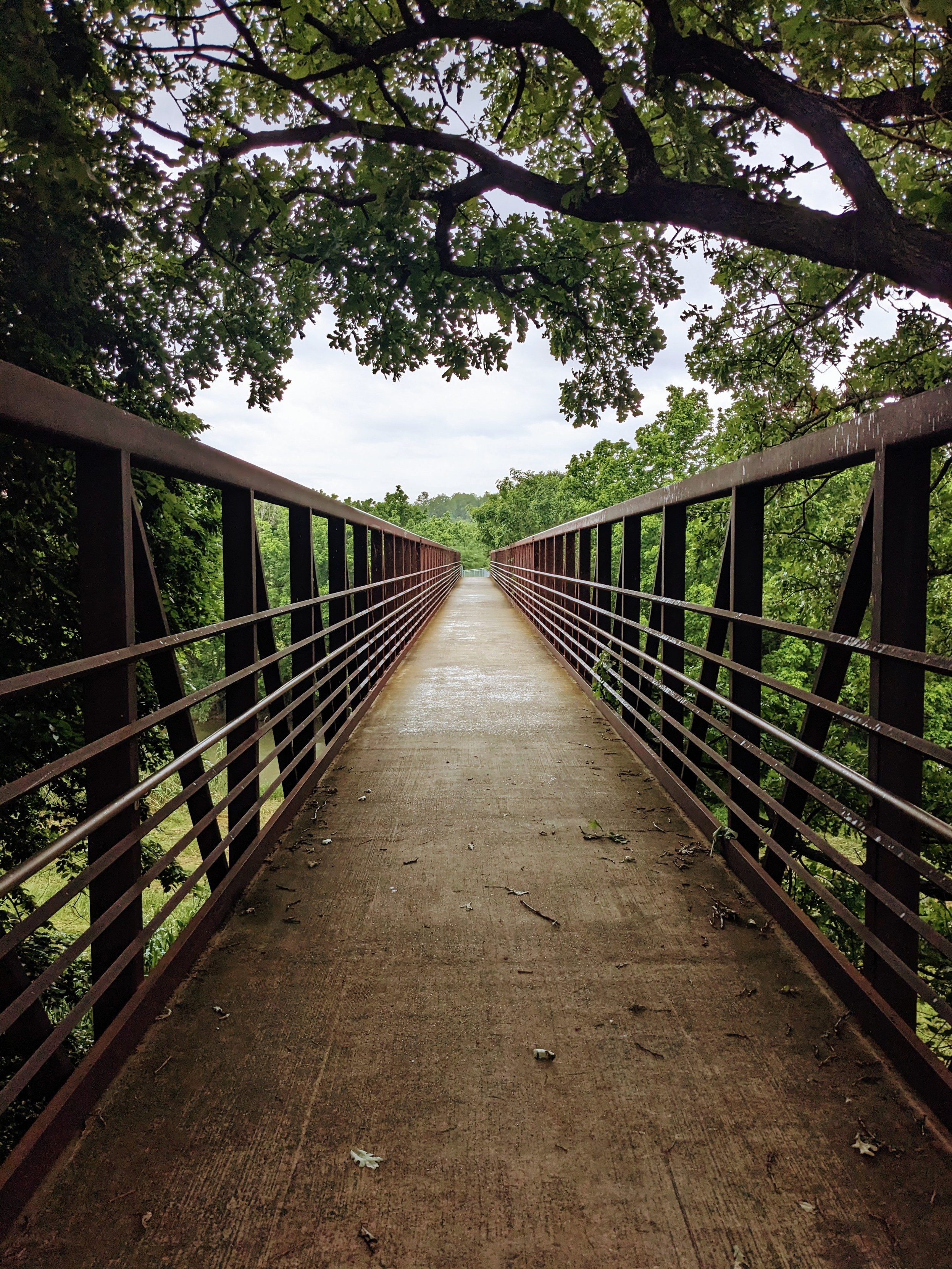A long bicycle/pedestrian bridge with high metal sides. Photo accentuates its length with perspective, it almost disappears into the horizon