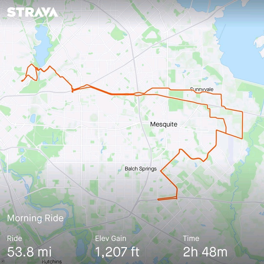 Strava map of a 53.8 mile bike ride in Dallas, TX