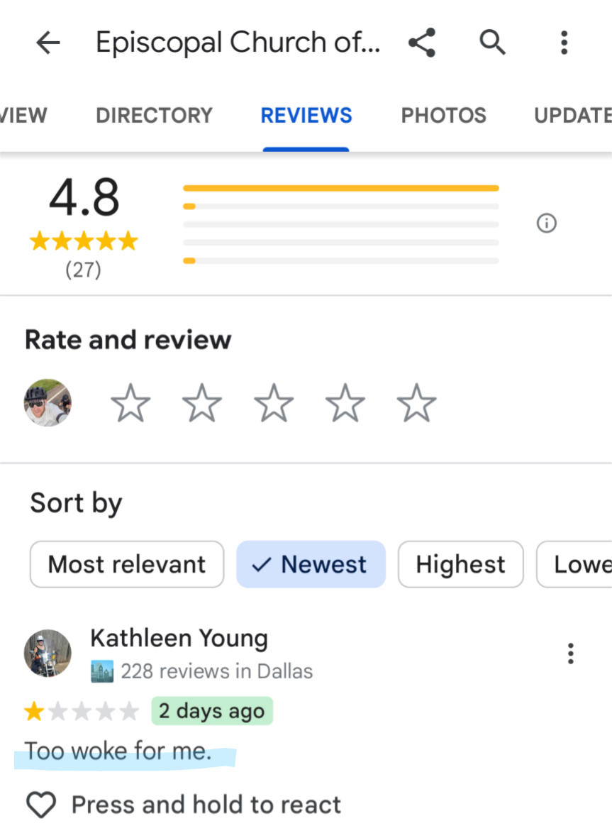 A 1-star Google review for a church: "Too woke for me"