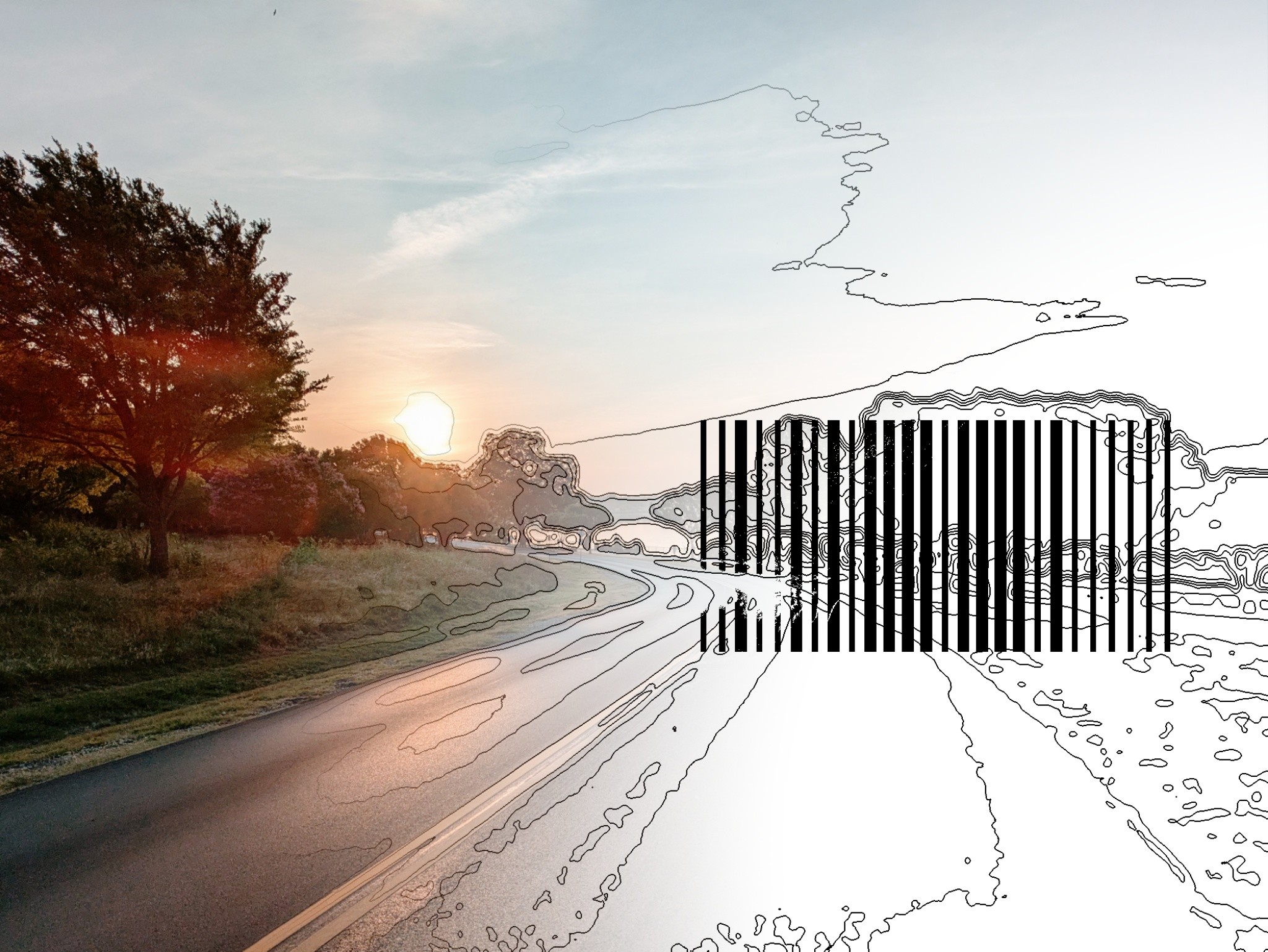 A glitched photo of a road and a sunset