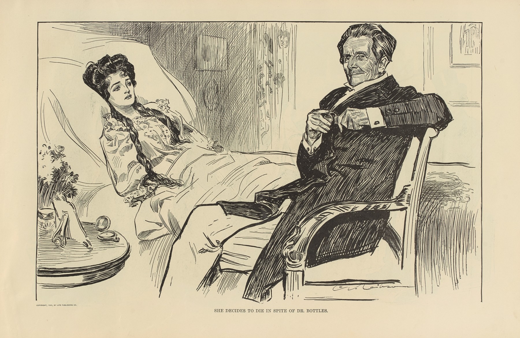 "She decides to die in spite of Dr. Bottles" by Charles Dana Gibson

I wish I could adequately describe the facial expressions of the woman laying in the bed looking pitifully at the smug man sitting bedside