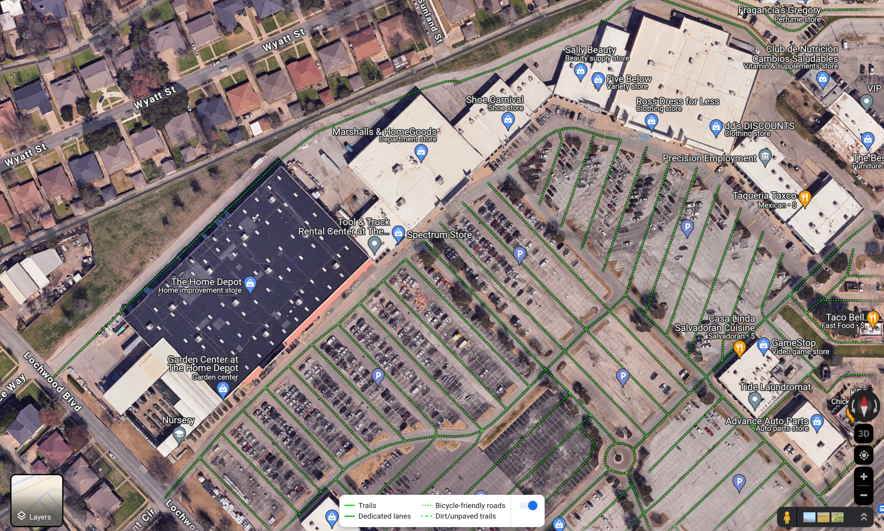 Parking lots and industrial alleys behind massive strip malls -- these are the "Bicycle friendly roads" on Google Maps!