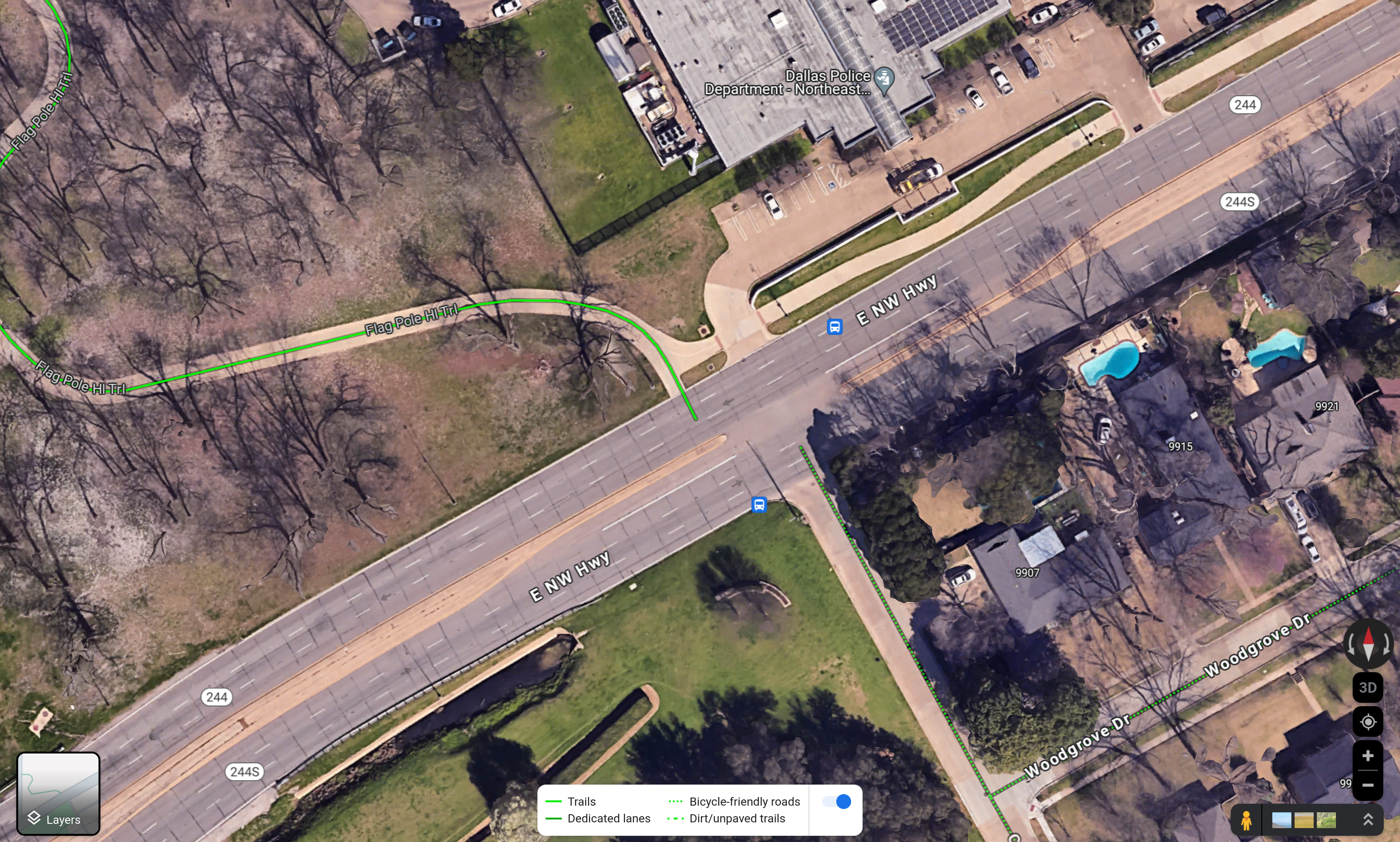 Here's one of many induced Frogger moments in the Dallas trail system. Bike trail terminates at a 6-lane stroad with 50+mph speeds with no crossing...ANYTHING. My 10yo and I have taken that sidewalk-trail to the NE--it dead ends in a fenced-in parking lot.