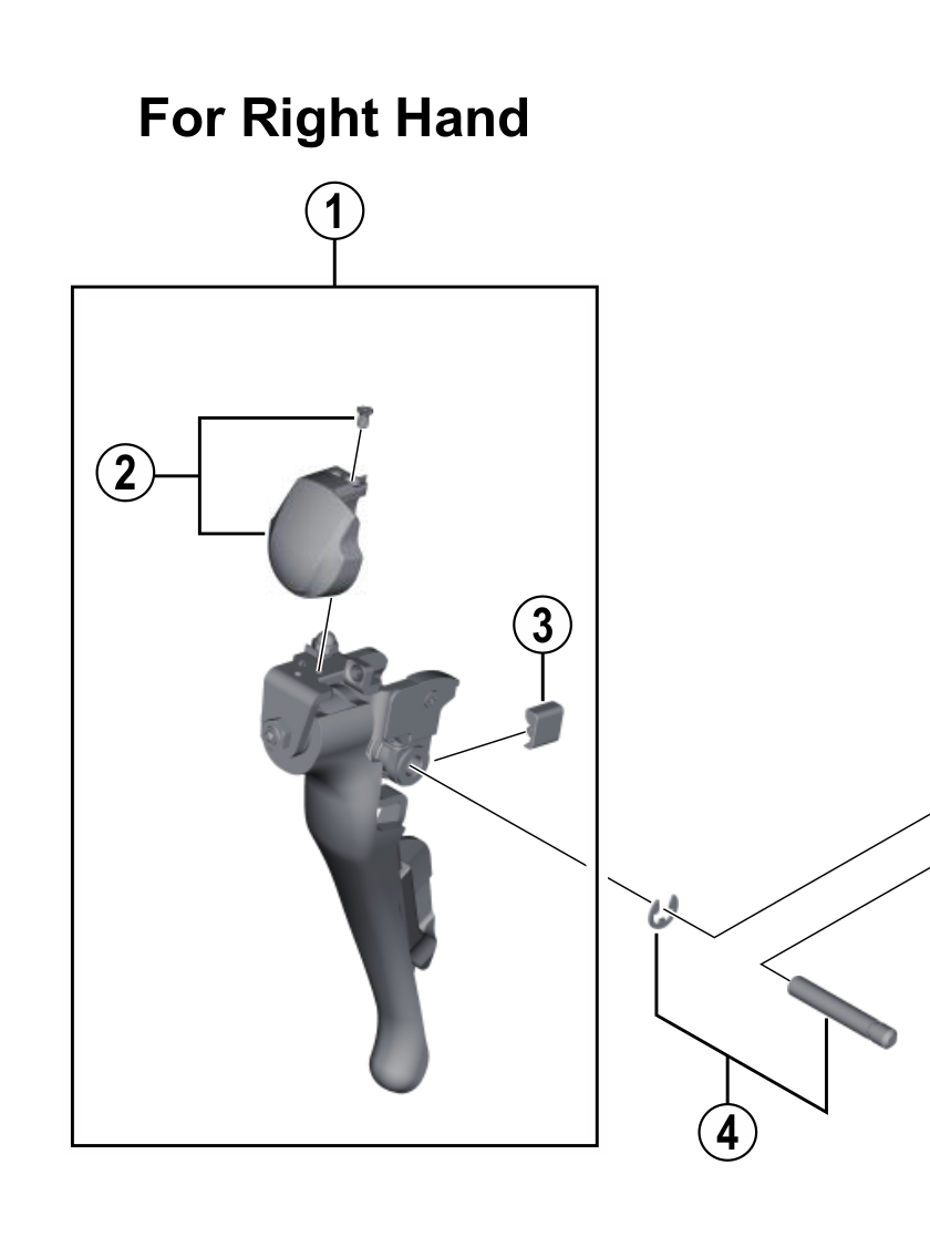An partially exploded view of a right-hand bicycle brake lever / shifter. Item "2" points at a cosmetic-only plastic piece held on by the smallest possible screw