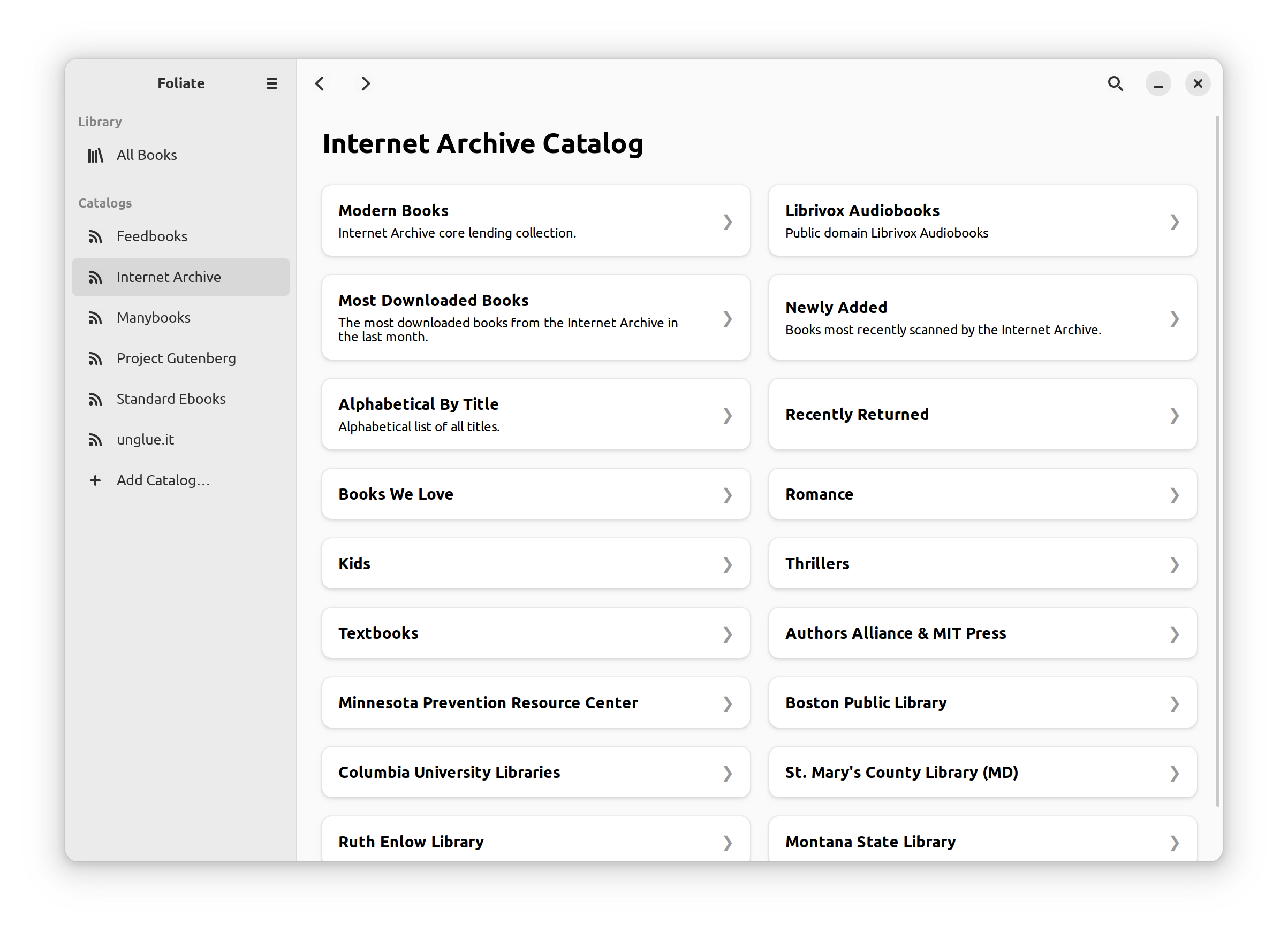 Screenshot of Foliate showing the Internet Archive Catalog