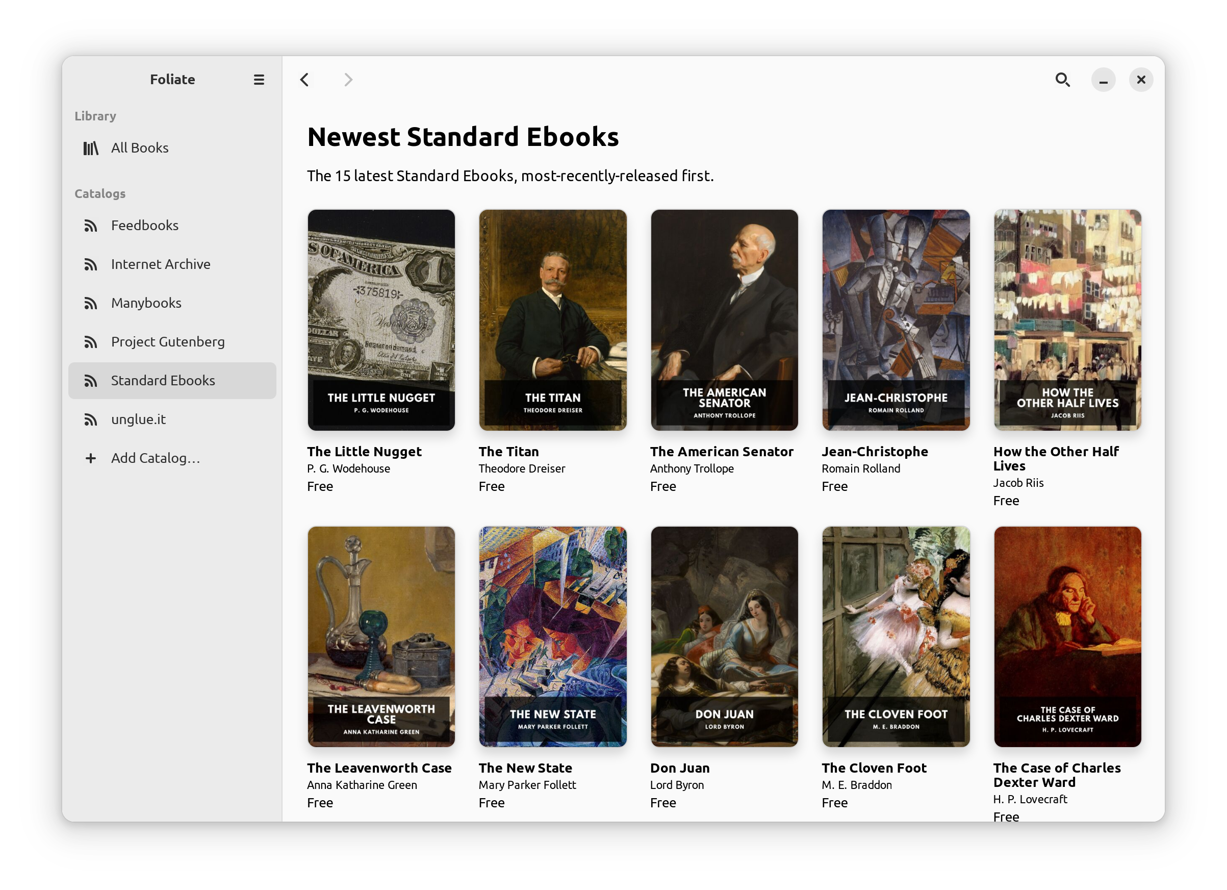 Screenshot of Foliate showing a Standard Ebooks browsing screen