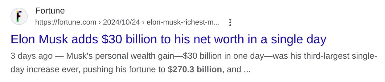 screenshot of search result showing Elon Musk's net worth increased 30 billion in one day
