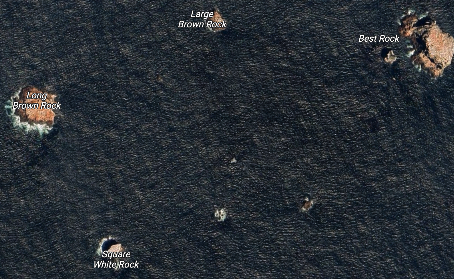 A screenshot of a map of islands off the coast of Oregon -- "Long Brown Rock", "Large Brown Rock", "Square White Rock", "Best Rock"