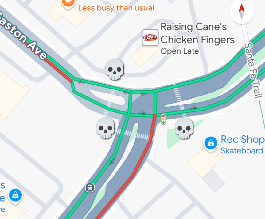 A map screenshot of an intersection with skulls at the three crosswalks