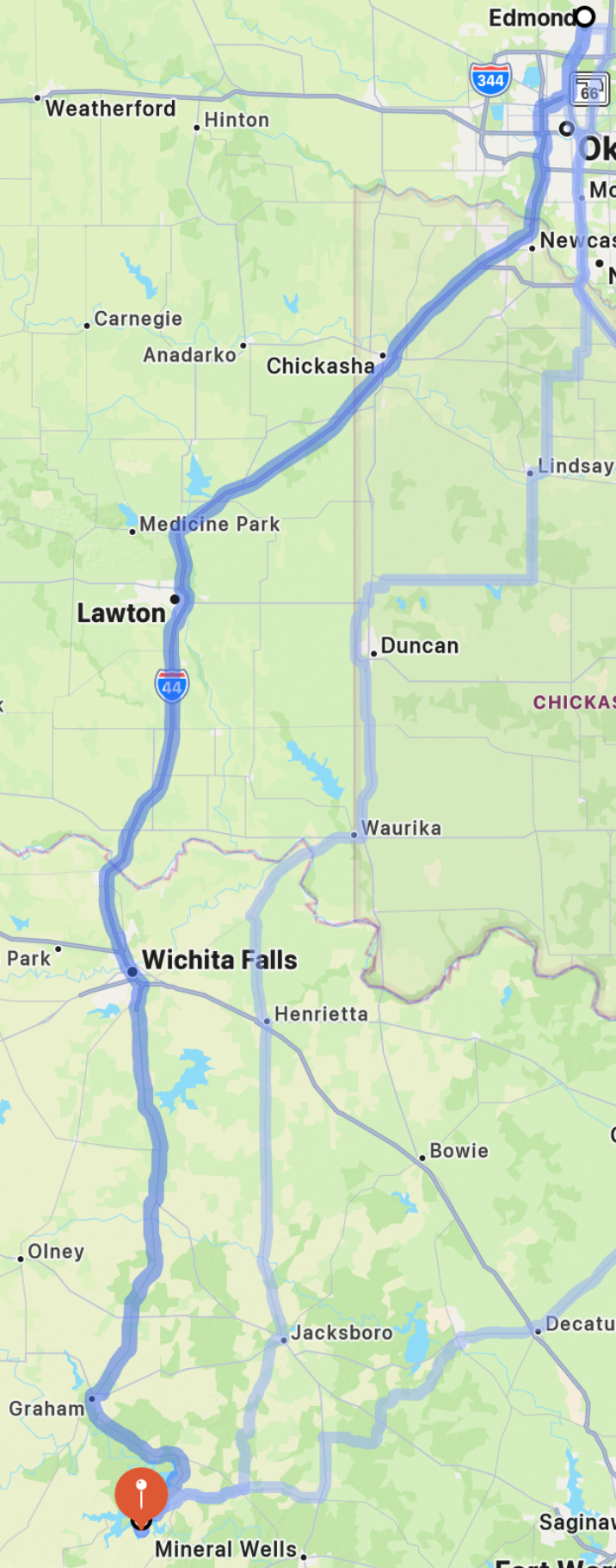 A screenshot of a map showing driving directions from Edmond, OK to Possum Kingdom Lake, TX