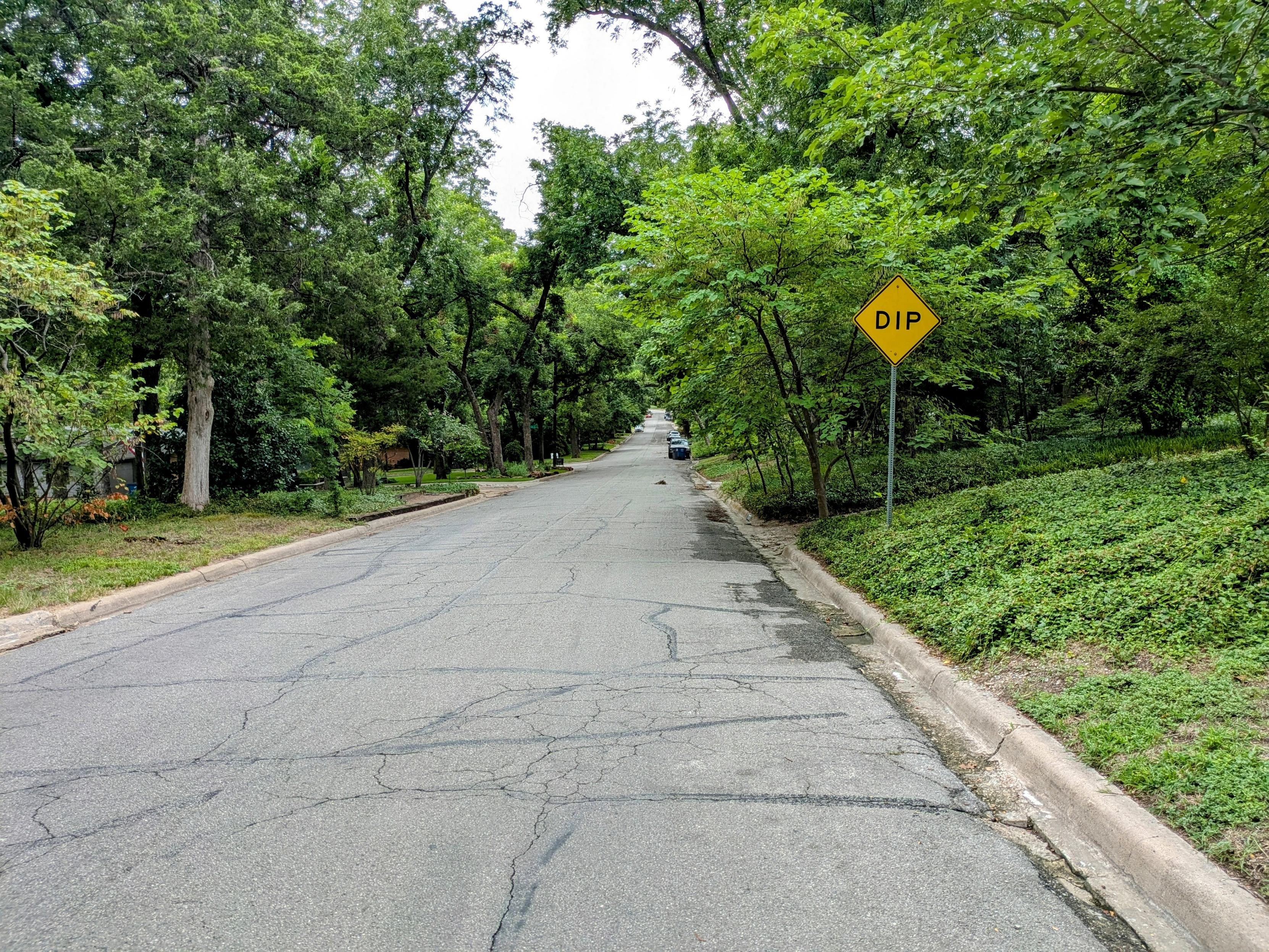 A tree lined street with a "Dip" road sign