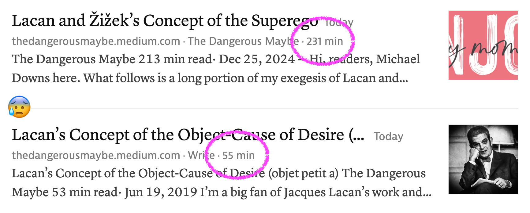 A screenshot from a read-later app showing 2 articles, one is 231 minutes to read, the other 55 minutes